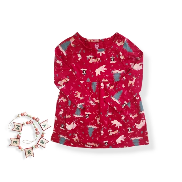 Toddler Girl's Red Winter Animals/Trees Print Knit Dress - Picture 3 of 3
